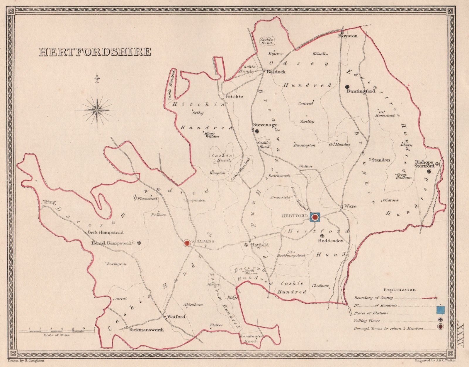 HERTFORDSHIRE antique county map by CREIGHTON/WALKER. Electoral 1835 old